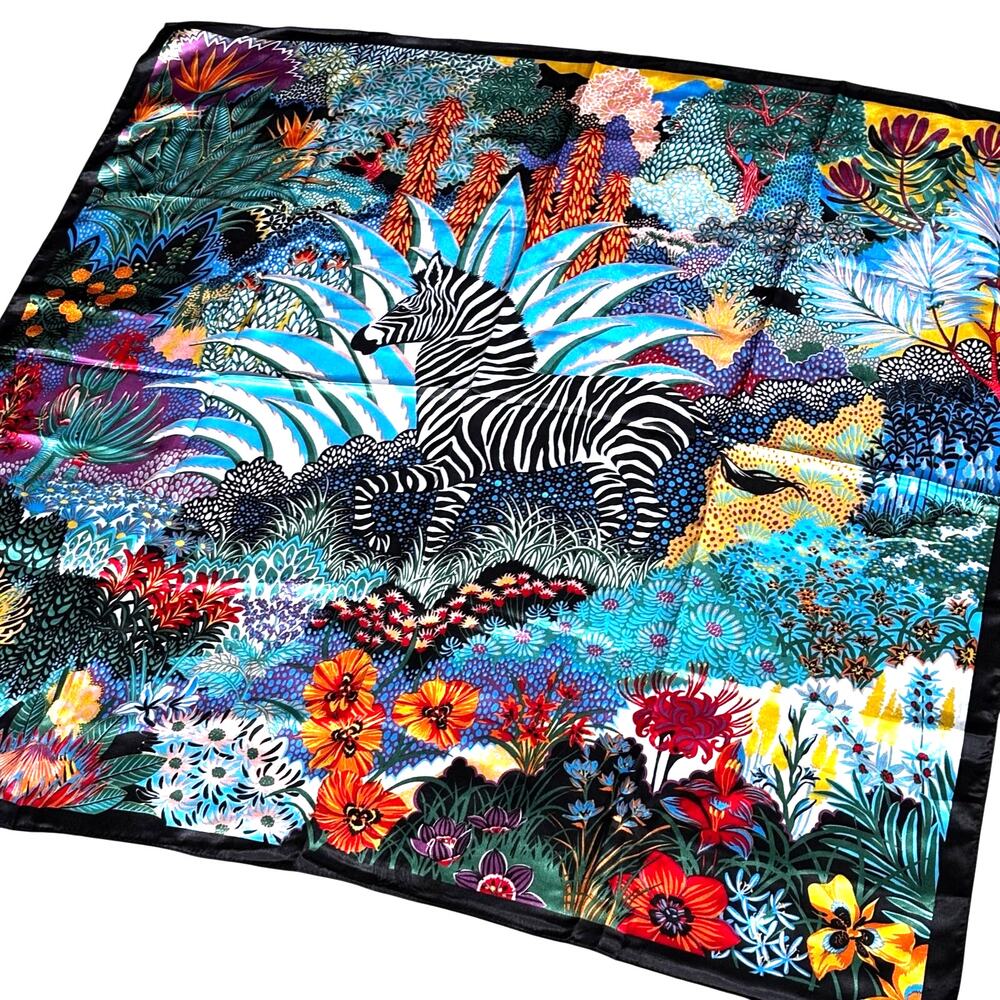 Square zebra scarf silky satin polyester jungle print multicolor black & white - Picture 10 of 10